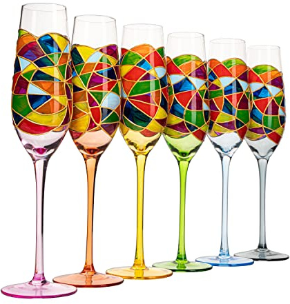 Buntglas-Champagnerflöten, handbemalt, Weinsparer, mundgeblasen, 200 ml, bunte Renaissance-Champagnergläser, 25,9 cm hoch, 6,9 cm Durchmesser, Regenbogenfarben, mehrfarbiges Design, 6 Stück