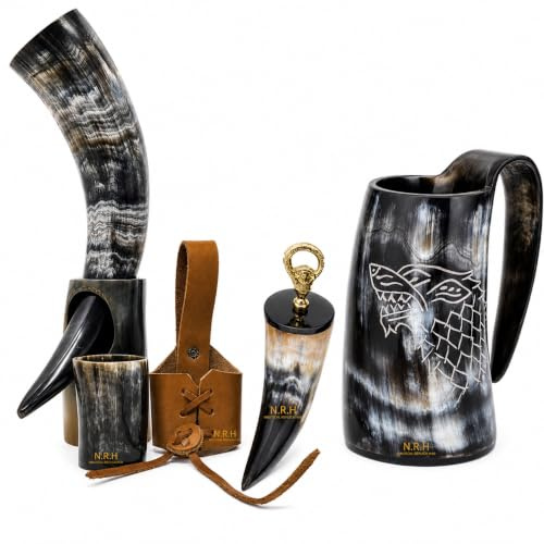 Nautical Replica Hub Viking Drinking Horn Mug | Bottle Opener | Whiskey Cup | Belt Holster | Drinking Horn with Stand for Food Safe Ale, Wine, Mead, Cold Drink, Water, and Beer Tankard (6 Piece Set)