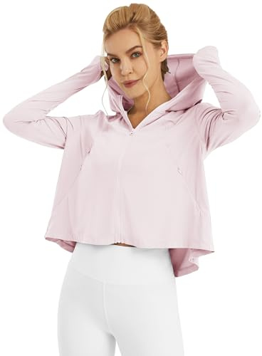 G4Free SPF Shirts for Women Long Sleeve Sun Protection UV Jacket Cropped Lightweight Hiking Running Shirt(Pink, M)