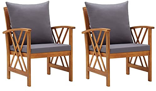 Tidyard Set 2 Stühle, Armlehnen, Sessel, Garten, aus massivem Akazienholz, mit Kissen, 59 x 67 x 83 cm, Gartensessel aus Holz, Sessel für den Garten aus Holz, Sessel für den Außenbereich