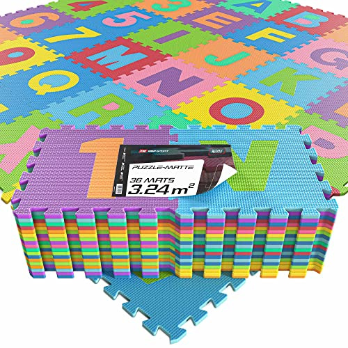 Hop-Sport 36 teilige Spielmatte Puzzle Baby, Schaumstoff, Puzzlematte Kinder mit Buchstaben und Zahlen 180 x 180 x 1 cm, Puzzleteppich, rutschfeste, Pflegeleichte Krabelmatte