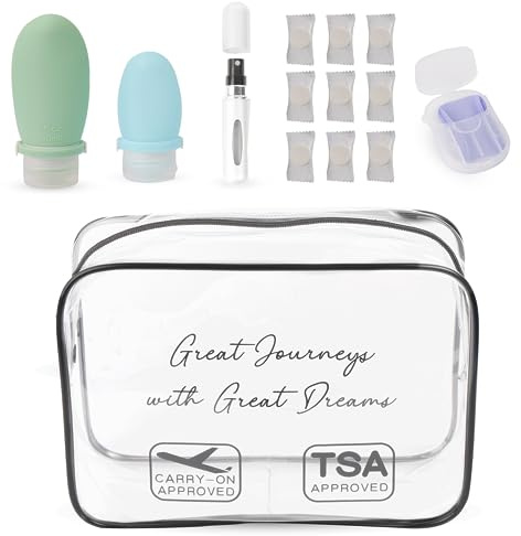 GreatDreams® Air Travel Toiletry Bag - Transparente Toilettentasche mit Silikonflaschen - Zerstäuber - Seifenpapier und komprimierte Tücher - Reise-Toilettenkit - wasserdichte Tasche.