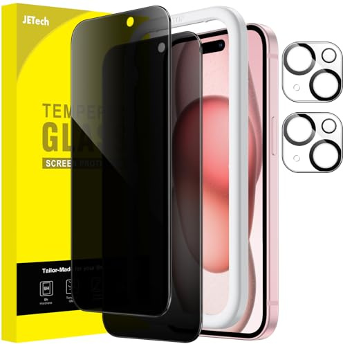 JETech Privacy Skärmskydd för iPhone 15 6,1 Tum med Kameralinsskydd, Enkelt Installation Verktyg, Screen Protector Privat Härdat Glas Film, 2-Pack Varje