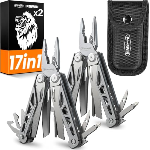 PERWIN Multitool 2 Pack, 17-in-1 Stainless Steel Multi Tool Pliers with Self-locking, Pocket Knife, Professional (EDC) Multi-tool for Outdoor, Survival, Camping and Hunting, Hiking, Simple Repair