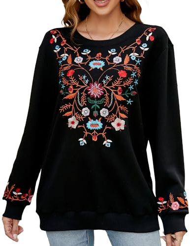 Seasonal Tunique bohème brodée à Manches Longues pour Femme - Vêtement Hippie - Haut élégant - Chemisier Traditionnel Noir(712),M
