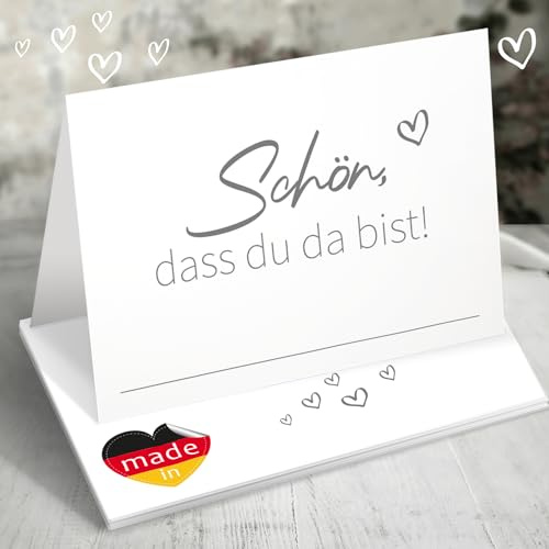 50 Tischkarten Hochzeit 85x55mm - Platzkarten Hochzeit - Tischkarten Geburtstag - Schön, DASS du da bist Namenskarten zum selber Beschriften mit Herz, Elegante Hochzeitsdeko Tischdeko Grau