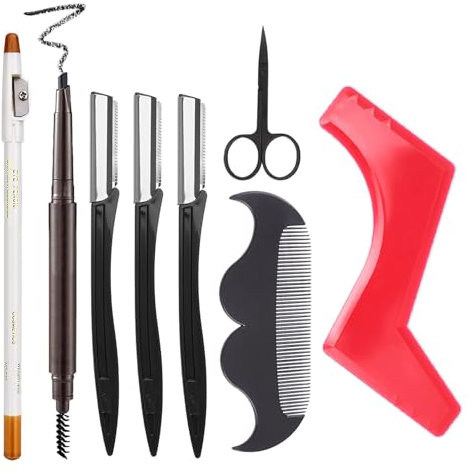 awakentti Bart-Trimm-Styling-Set, Bart-Schablone, Augenbrauen-Trimmer, Stroker, Barber, Stift, Bartkamm für Kinn, Ziegenbart, Koteletten, Wangenlinien, 8-teilig