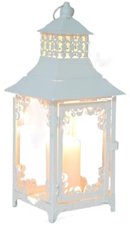 HEXEH Kerzenhalterhalter Vintage Metall Kerzenhalter Hängende Laternen Kerzenständer Glaslampe Außenbeleuchtung Garten Hängelampen Halloween Lichter Kandelaber (Color : White)