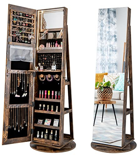 COSTWAY Armoire à Bijoux Pivotante à 360°, Rangement Bijoux Design 3 en 1 avec Miroir Pleine Longueur et Lumières LED 3 Couleurs, Organisateur de Bijoux Style Nordique, Marron