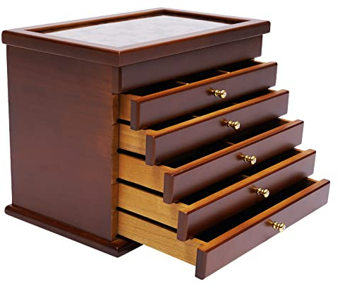 WooDerson Schmuckkasten Mit 5 Schubladen Schmuckkoffer Holz, Geschnitztes Design, Innenfutter Samtstoff, Rechteckig, Schmuckbox Für Uhren Halsketten Ohrringe, 31X20X24,5cm (Walnut)