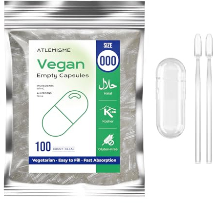 Empty Capsules Size 000 100 Count,Clear Empty Vegan Capsules Kosher,Halal and Non GMO Certified for DIY Supplements.Hypoallergenic Veggie Capsule Empty with 2 Spoons,Adapted to the Capsule Filler