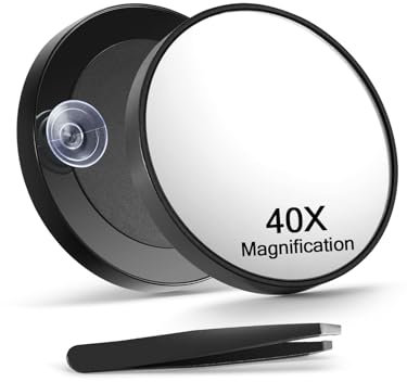 Macaki Vergrößerungsspiegel mit 40-facher Vergrößerung, 8,9 cm Vergrößerung, Make-up-Spiegel und schräge Pinzette mit 2 Saugnäpfen, Schwarz, 1 Stück