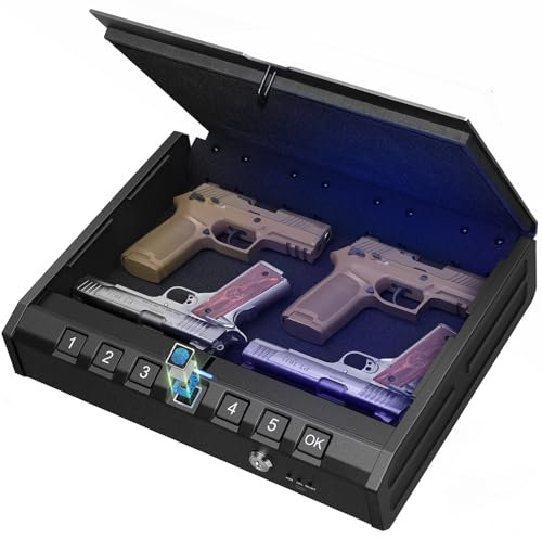 ONNAIS Large Biometric Gun Safe - Fingerprint Pistol Safe with Internal Light, Three Unlock Methods, and Emergency Power Supply, Gun Lock Box for Home, Bedside, Nightstand, and Car Use