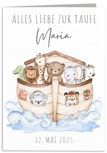 Taufkarte Mädchen Junge personalisiertes Taufgeschenk Arche Noah Karte Taufe Geschenk Klappkarte mit Umschlag 10,5 x 14,8 cm