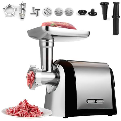 Picadora de carne 4 en 1, picadora de carne eléctrica [3200 W máx], amoladora eléctrica de carne de 6,5 l, con 4 placas de lijado de acero inoxidable para un lijado rápido y fino, picadora de carne de