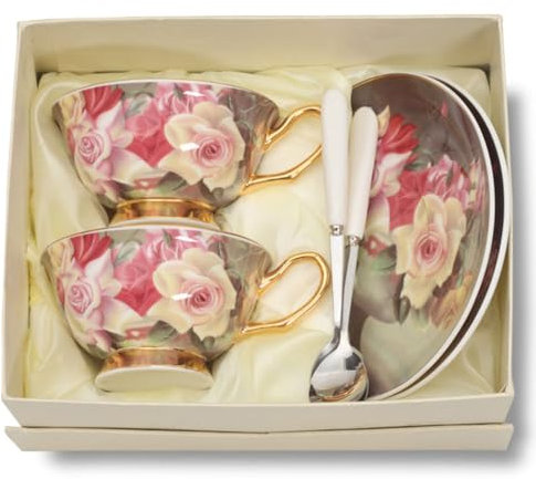 LINYUMEILL Tasses À Café Et Soucoupes En Porcelaine,Service À Café Européen Tasses À Thé Noir Anglaises En Porcelaine,Red Rose