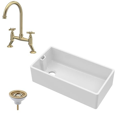 Balterley 895mm Belfast Kitchen Sink Single Bowl with Weir Overflow, Bridge Crosshead Mixer Tap & Waste, Durable White Ceramic Kitchen Sink Bowl, Reversible Farmhouse Sinks (White/Brushed Brass)