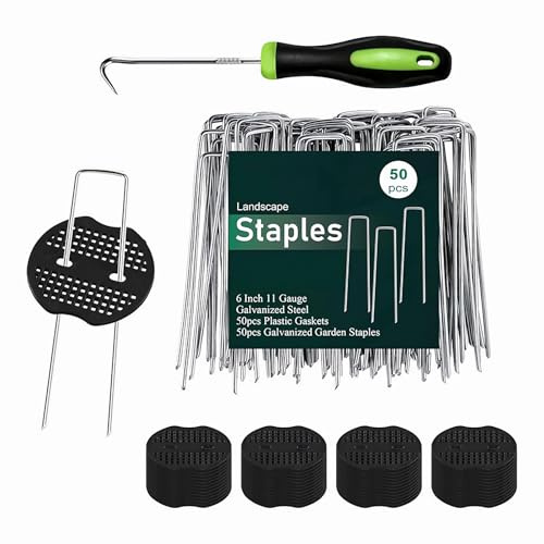 50 Stück Erdanker + 50 Stück Unterlegscheiben, 6Zoll Anti-Rost Verzinkte Bodenanker U-Förmige Erdnägel, Heringe Erdnägel für Unkrautvlies, Gartenvlies, Zaun & Camping