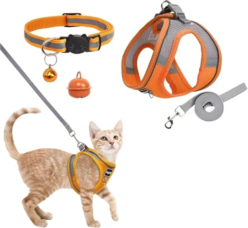Katzengeschirr mit Leine Ausbruchsicher,Breathable Katzenleine mit Reflektierenden Streifen, Cat Harness, Weichem Innenfutter und Atmungsaktivem Mesh,Orange (XS)