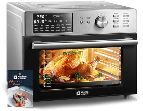 Kitchen in the box 32QT Extra Large Air Fryer Toaster Oven Combo, 21-in-1 Countertop Convection Toaster Oven with Rotisserie and Dehydrate, 6 Accessories, 1800W Dual Cook Preset (Silver)