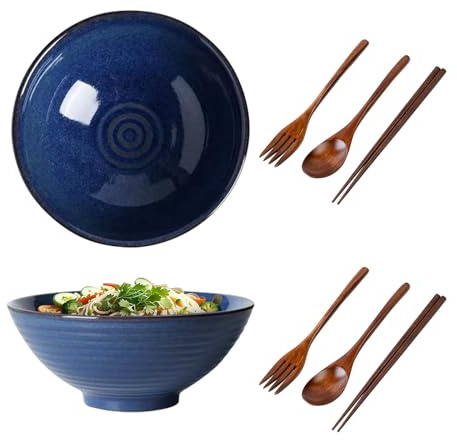 Lot de 2 bols à soupe avec baguettes, fourchette et cuillères, ensemble de bols à ramen de 1200ml, saladier en céramique pour nouilles Udon asiatiques, grand bol de 20cm (Bleu)