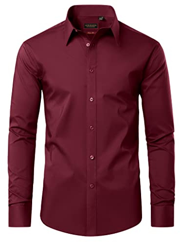DEMEANOR Camisa de hombre de manga larga para negocios, corte regular, de algodón, sin planchado, para el tiempo libre, borgoña, S