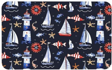 Mexpekil Fußmatte mit Leuchtturm, Boot, Fischmotiv, für drinnen und draußen, 50 x 80 cm, rutschfeste Badematte, saugfähig, Schmutzfangmatte, waschbar, Boden-Teppiche für Küche, Badezimmer,