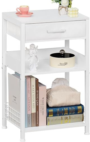 LELELELINKY 3 Etagen Druckertisch,weiß Druckerständer mit Stoffschublade matt Metallrahmen,Multifunktions-Tisch,Industrie-Wind Beistelltisch,Druckerhalterung für Büro, Schlafzimmer, Wohnzimmer