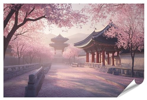 islandburner Prime XXL Bild Poster Tempel umgeben von Kirschblüten bei Sonnenaufgang für Wohnzimmer Kunstliebhaber Premium Bilder Fotodruck