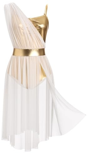 IBAKOM Women One Shoulder Ruffle Lyrical Dance Dress Gold Metallic Bodice High-Low Chiffon Skirt Contemporary Dance Costume, White, M