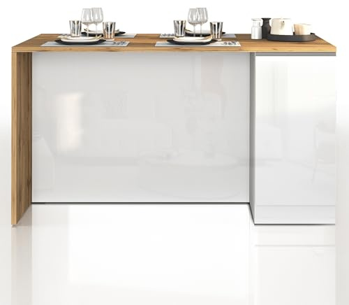 WHOUS Isola Cucina SOLE con 2 Ante, Tavolo da Pranzo e Piano di Lavoro, Ideale per Open Space e Spazi Ridotti, 160x90x90 cm, Bianco Lucido e Rovere