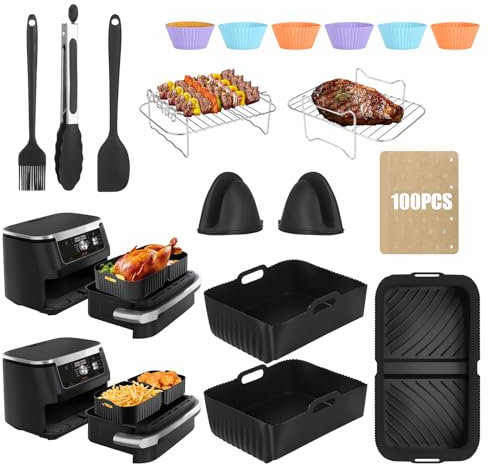 Mtiscolla Silicone Air Fryer Liner Accessories for Ninja Foodi Flexdrawer AF500UK/AF500UKCP, 21-Piece Set with 10.4L & 2 * 5.2L Liners, Grilling Rack, Silicone Cup, Oil Brush, Gloves, Clip