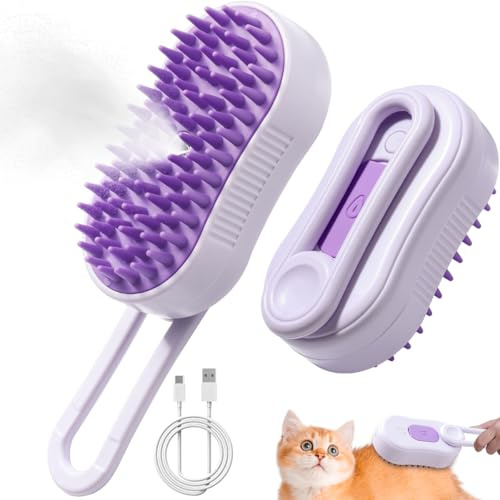 Kattborste med ånga, Steamy Pet Grooming Brush – 3-i-1 självrengörande ångborste med massagefunktion och en-knappsdrift för långhåriga/korthåriga katter och hundar