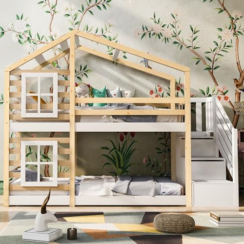 Fppuueg Litera 90x200 con Escalera de Almacenamiento y Barandillas, Litera Infantil con Diseño del Techo y 2 Juegos Listones de Madera, Cama Literas Matrimonio, Blanco y Natural, Sin Colchon