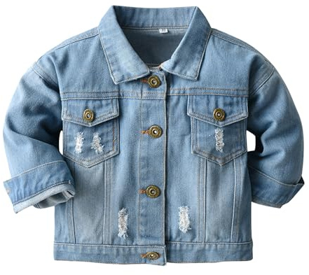 JiAmy Boys Girls Denim Jacket, Kids Ripped Jean Jacket Toddler Lapel Casual Light Blue for 4-5 Years
