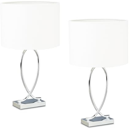 Relaxdays Tischlampe, 2er Set, Metallfuß & Stoffschirm, E27, HBT: 51x28x18 cm, Nachttischlampe Schlafzimmer, Silber/weiß