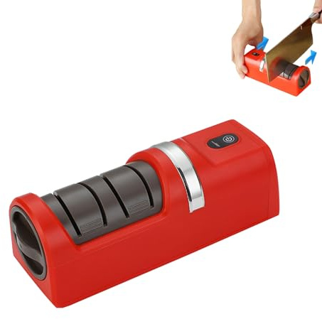 Greensen Electric Knife Sharpener, USB Rechargeable with Coarse Fine Grinding Wheels Non-Slip Base for Kitchen Chef Home Outdoor Camping (Red)