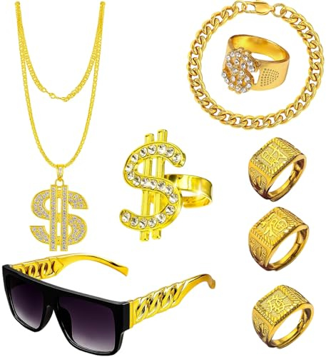 8 Stück Zuhälter Kostüm, 80er Jahre Outfit Herren, Hip-Hop-Set Mit Goldkette, Dollarzeichen Ring, Sonnenbrille Und Armband, Perfekt Für Karneval Und Mottopartys