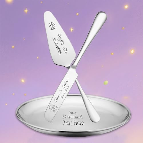 RSQGT Personalized Wedding Cake Knife Server Set 5 Pcs Stainless Steel Cake Cutting Knifes, Elegant Bridal Pastry Cake Cutter Customize Gifts for Wedding Anniversary Birthday (Silver 3-piece Set)