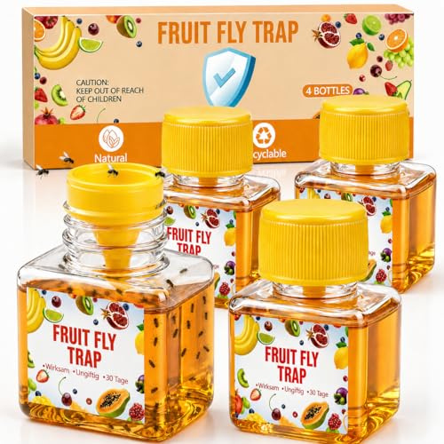 Fruchtfliegenfalle - 4 Stück Fliegenfalle Innenbereich, Obstfliegenfalle Bekämpfen für Küche Obstkorb, Spüle, Vorrat, mit Trichter bis zu 3 Wochen Leistung pro Flasche, Kinder-und Haustierfreundlich
