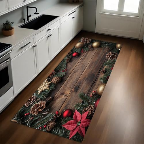 Küchenläufer rutschfest 60x180 cm Weihnachtliche Holzdekoration 3D Teppich Flurläufer Retro Küchenteppich für Korridor Schlafzimmer Wohnzimmer
