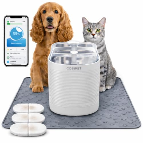 Fuente de agua inalambrica gatos y perros 2,5L control APP WiFi, bebedero automático con sensor, bandeja inox, autonomia mas de 30 dias, UV carbon activado, resina, alfombrilla antiderrame + 3 filtros