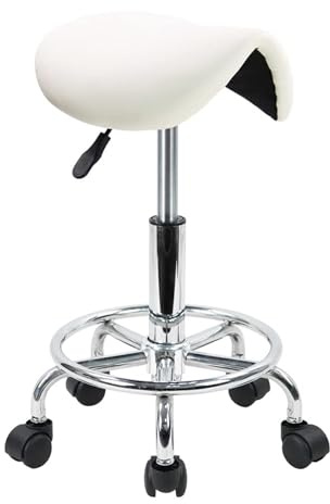 LQVAIPT Sgabello da sella con rotelle Girevole in pelle PU regolabile con ruote Sedia da salone for parrucchiere, tatuatore estetista,(White)