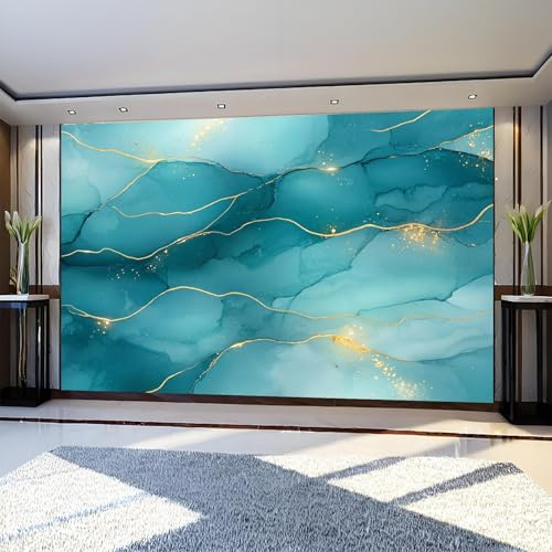 Papel Pintado Fotográfico Textura de mármol dorado 350 x 250 cm Azul-Verde Fotomural Moderno XXL para Decoración de Pared