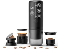 Macchina da Caffè Espresso Portatile da Viaggio, Nera, 17 Bar, Compatibile con Nespresso Capsule e Caffè Macinato, Ricarica USB-C