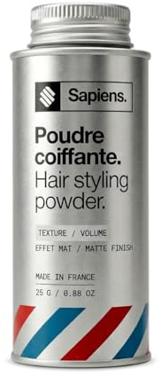 Sapiens Poudre Coiffante Homme 25g - Volume et Texture Instantanés - Effet Mat - Fabriquée en France - Poudre Texturisante Cheveux Invisible Sans Résidus - Formule Naturelle 100/100 Yuka