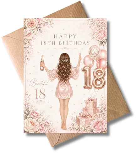 WBdesignz moderne Geburtstag Karte zur Volljährigkeit - stilvolle Glückwunschkarte mit Umschlag - Happy 18th Birthday - rosa Gratulationskarte 18 Jahre - Freundin Mädchen Schwester Tochter (DIN A6)