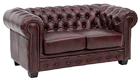 Woodkings Chesterfield Sofa 2-Sitzer Echtleder antik Rot