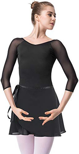 Bezioner Ballettanzug Mädchen 3/4 Arm Gymnastikanzug Damen Trikot Turnanzug (Schwarz mit Rock, M=150cm-155cm)