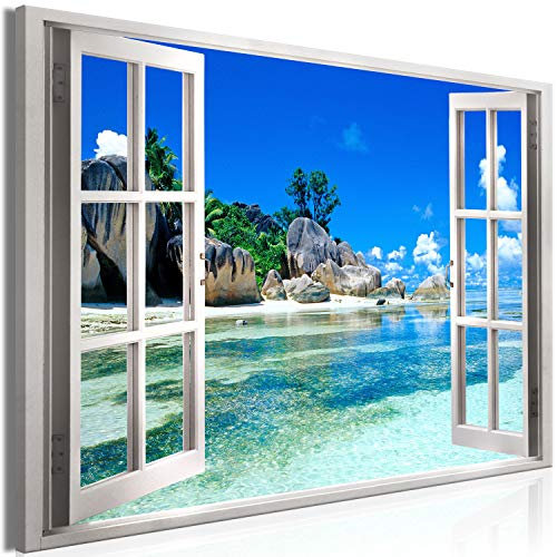 murando - Akustikbild Fensterblick Bilder Akustikschaum Hochleistungsschallabsorber Schallschutz Leinwand 1 tlg Wandbild Raumakustik Schalldämmung Strand Meer tropische Insel